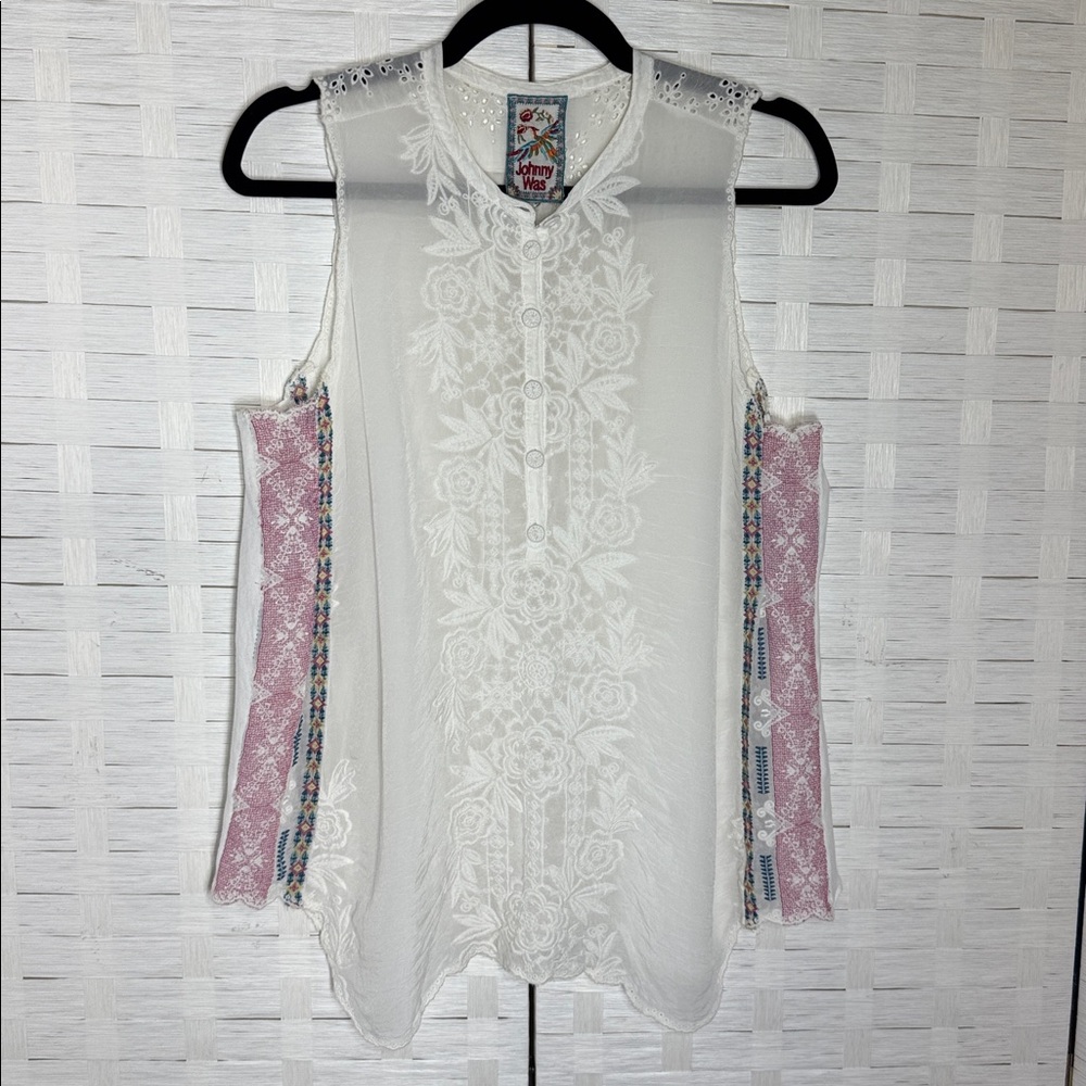 Johnny Was Rosslyn Clio Embroidered Eyelet Boho Mixed Media Blouse See Sizing